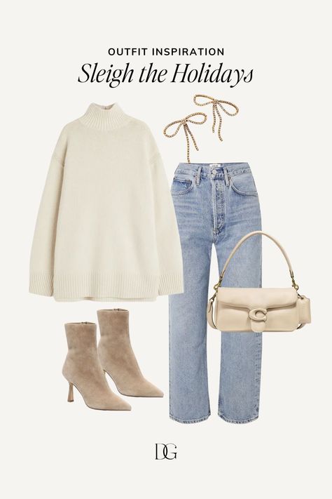 Easy holiday outfits | holiday outfit ideas, casual holiday outfit, festive outfit, casual holiday outfit Holiday City Outfits, Clean Girl Holiday Outfits, Holiday Outfits Cold Weather, Beige Holiday Outfit, After Christmas Outfit, Holiday Breakfast Outfit, Dinner Outfits Fall 2024, Simple Holiday Outfits Casual, Cold Holiday Outfits