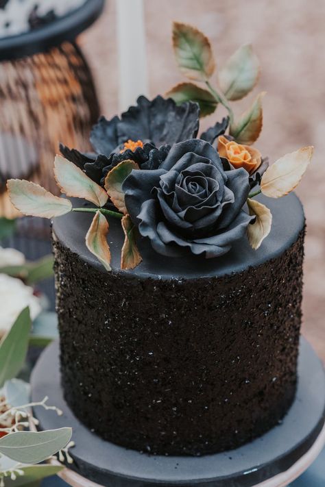 Gothic Wedding Ideas Black Glitter Cake Lauren Knuckey Photography #wedding #gothicwedding Single Tier Black Wedding Cake, Black Glitter Cake Birthday, Black Flower Cake, Black Theme Cake, Black Bday Cake, Black Glitter Cake, Beach Wedding Ceremony Ideas, Gothic Birthday Cakes, Thirty Party