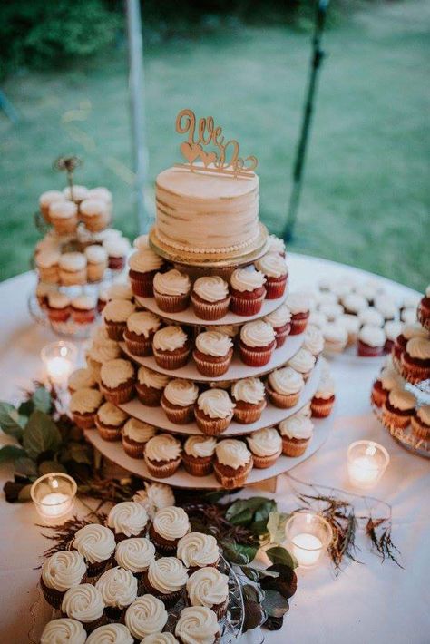 Simple Cake And Cupcakes Wedding, Wedding Cake With Mini Cupcakes, Cake And Cupcake Stand Wedding, Wedding Cake Stand With Cupcakes, Tiered Cake With Cupcakes, Cupcake Tiered Cake, Small Cake And Cupcake Display, Wedding Small Cake And Cupcakes, Wedding Mini Cupcakes Display