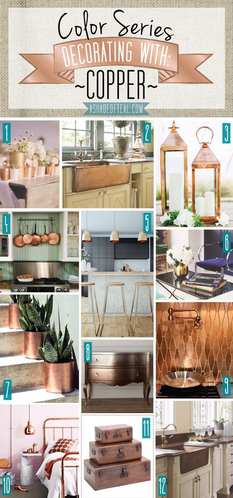 Bedroom With Copper Accents, Copper And Turquoise Kitchen, Bedroom Copper Accents, Copper Accents In Kitchen, Decorating With Copper Accents, Copper And Teal Kitchen, Colors That Go With Copper, Copper Accents Kitchen, Copper Accents Living Room