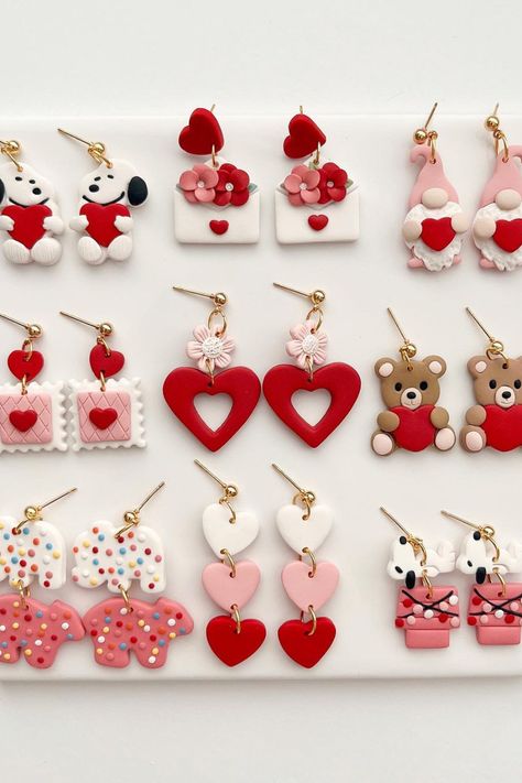 Sneak peek of some of the Valentine’s earrings designs Image Credit :- wildhoneyclay Valentine’s Day Jewelry, Valentine’s Day Earrings, Valentines Day Clay Earrings, Clay Earrings Design, Clay Valentine, Valentines Day Earrings, Jewelry Booth, Diy Gifts To Sell, Valentine Earrings