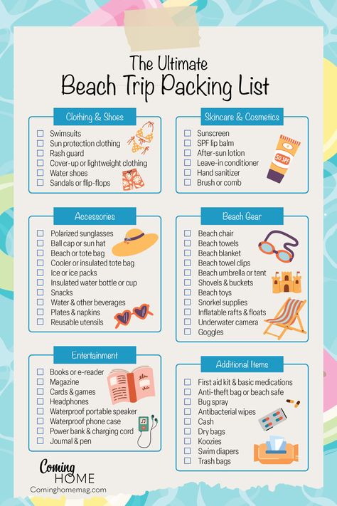 Ultimate Beach Packing List | Coming Home Mag Travel Essentials Beach Vacations, Packing List For Vacation Beach, Packing List For The Beach, Packing For The Beach, Beach Trip Packing List, Beach Trip Packing, Beach Packing List, Trip Packing List, Beach Vacation Packing