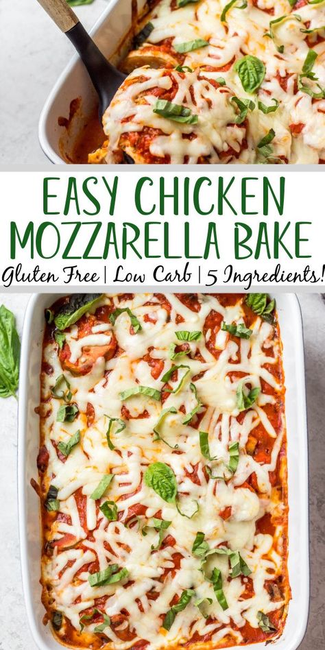 This chicken mozzarella bake recipe is so quick and easy to make! It only uses 5 ingredients, 30 minutes and uses only one casserole dish. It's gluten free and low carb, and is a great freezer friendly meal to have prepared for a simple weeknight dinner. Baked chicken and mozzarella goes great with many vegetable sides, noodles or vegetable noodles. #chickenmozzarellabake #chickenrecipes #mozzarella #ketochicken #glutenfreechicken Fresh Mozerella Recipes Dinners, Chicken Mozzarella Bake, Mozerella Recipes, Mozzarella Chicken Bake, Fresh Mozzarella Recipe, Chicken And Mozzarella, Mozzarella Bake, Chicken Mozzarella, Healthy Low Carb Dinners