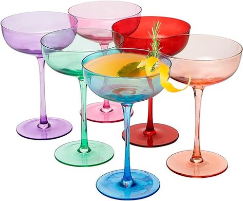 Amazon.com | Colored Coupe Glasses - Martini, Cocktail & Champagne Glasses 7oz | Set of 6 | Cute & Colorful Pastel Colored Crystal Cocktail Glassware, Fun Classic Goblet Cocktails Glass, Stemmed Ripple Glassware: Martini Glasses Speakeasy Style, Champagne Martini, Colorful Cocktails, Cocktail Glassware, Colored Glassware, Classic Cocktail, Vodka Cocktails, Wine Glass Set, Bar Glassware