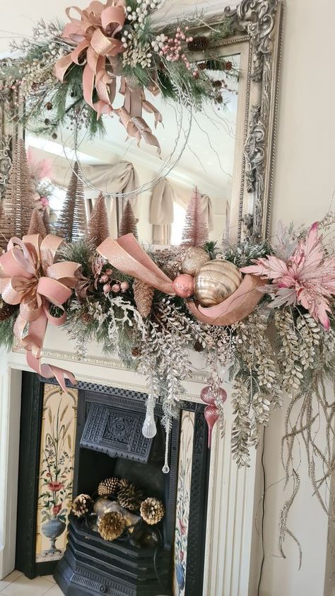 Pink Gold Christmas Garland, Glam Christmas Garland, Pink Glam Christmas Decor, Pink Christmas Fireplace, Pink Christmas Mantle Decor, Pink Christmas Centerpieces, Elegant Christmas Tree Ideas 2022, Rose Gold Xmas Tree, Rose Gold Christmas Tree Decorations