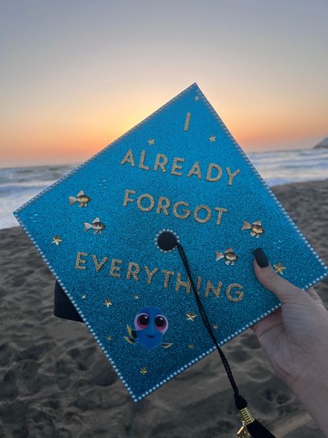 Graduation, college, high school, graduation cap ideas, beach, Disney, finding dory Just Keep Swimming Grad Cap, Light Blue Grad Cap Ideas, Blue Grad Cap Decoration, Decorate Graduation Cap, Graduation Hairstyles With Cap, Graduation Boards, Grad Cap Decorated, Museum Studies, Grad Hat