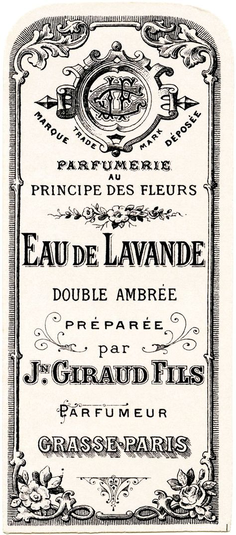 French perfume label, Jn Giraud Fils, vintage French ephemera, eau de lavande, lavender water perfume label, free vintage label graphic Vintage French Ephemera, French Perfume Labels, French Typography, Perfume Label, Paris 1900, Vintage Clip Art, French Ephemera, Etiquette Vintage, Foto Transfer