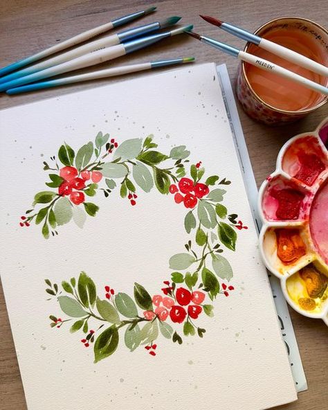 Acrylic Wreath Painting, Christmas Watercolor Wreath, Christmas Wreath Watercolor, Wreath Painting, Watercolour Wreath, Watercolor Christmas Wreath, Painted Wreath, Watercolor Tubes, Watercolor Christmas Cards Diy