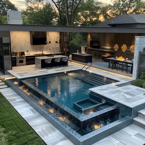 Back Patio Ideas With Pool, Pool With Retention Wall, Modern Pool House Interior, Modern Pools Backyard, Backyard Remodel With Pool, Luxury Backyard With Pool, Screened In Pool Ideas, Pool And Spa Design Backyards, Outdoor Kitchen Pool Area