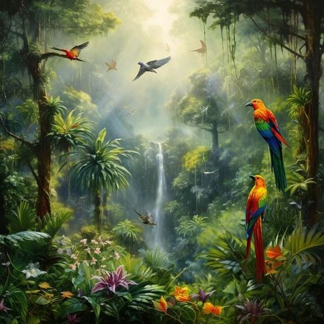 Image Free Download | A painting of the Amazon rainforest with lush trees, colorful birds and exotic plants, surrounding blur, Jurassic, 4K, high resolution Rainforest Painting, Rainforest Pictures, Rainforest Art, Rainforest Birds, Rainforest Trees, Jungle Painting, Magical Paintings, Rainforest Plants, Jungle Tree