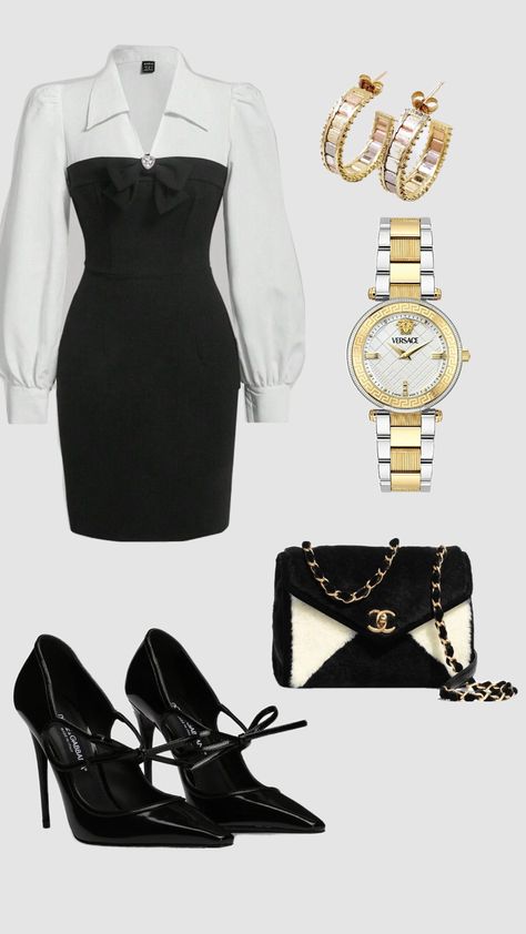 #outfit #chanel #versace #black #white #dress #dolceandgabbana Classy Polyvore Outfits, Chanel Inspired Outfit Casual, Chanel Woc Outfit Street Style, Chanel Set Outfit, Chanel Woc Outfit, Chanel Outfit Classy, Chanel Outfit Classy Chic, Woc Outfit, Chanel Outfit Aesthetic