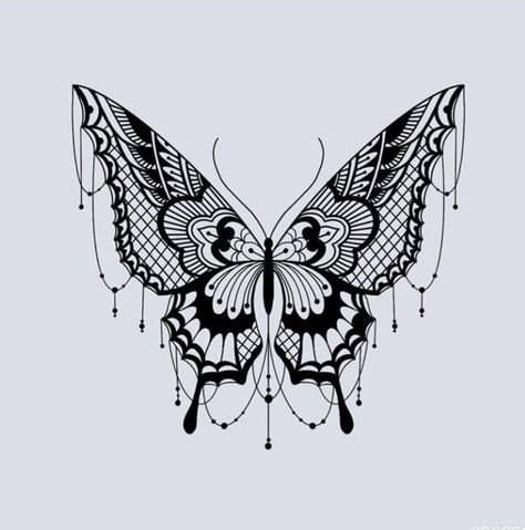 Butterfly With Jewels Tattoo, Lace Butterfly Tattoo Design, Butterfly Chandelier Tattoo, Black Lace Tattoos For Women, Mandala Butterfly Tattoo Design, Mandala Butterfly Tattoo, Butterfly Mandala Design, Lace Butterfly Tattoo, Mexican Butterfly