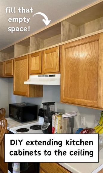 We turned that empty space above the cabinets into the ultimate kitchen storage solution! With this genius kitchen hack, you can extend your cabinets to the ceiling. It's perfect for a modern, organized kitchen makeover on a budget.   home diy | diy kitchen cabinets | diy kitchen renovation Diy Extending Cabinets To Ceiling, Diy Kitchen Cabinet Shelves, Add Storage Above Kitchen Cabinets, Kitchen Cabinet Fronts Diy, Closing Space Above Kitchen Cabinets, Adding Extra Cabinets In Kitchen, Adding Cabinets Above Cabinets Kitchen, Building Cabinets To The Ceiling, Kitchen Cabinet Organization Diy