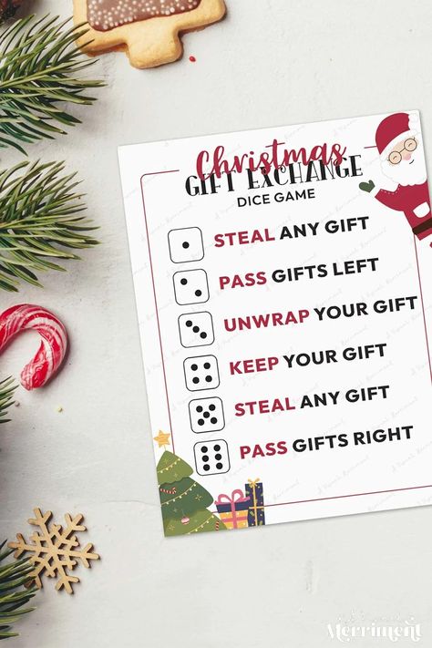 A Christmas gift exchange game will add an extra layer of fun and excitement to your family gathering. Today, I have the perfect free printable to help you! You may know this gift exchange game with dice as the White Elephant gift exchange, Yankee Swap or the Dirty Santa game. Download your festive fun now at A Visual Merriment! | Xmas Games | Holiday Games | Printable Christmas Games | Christmas Gift Exchange Games | Christmas Activities | Fun Christmas Party Games #christmas #game #printable Dirty Santa Gift Exchange, Gift Exchange Dice Game, Gift Exchange Dice, Christmas Eve Games, Gift Exchange Game, Family Gift Exchange, Christmas Gift Exchange Games, Christmas Gift Games, Xmas Games