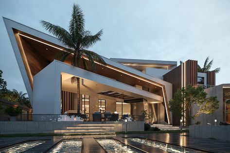 Deconstructed Modern Villa on Behance Modern Villa Exterior, Royal Bedroom Design, Luxury Villa Design, Royal Bedroom, Luxury Exterior, Architecture Drawing Plan, Best Modern House Design, Modern House Facades, Architect Design House