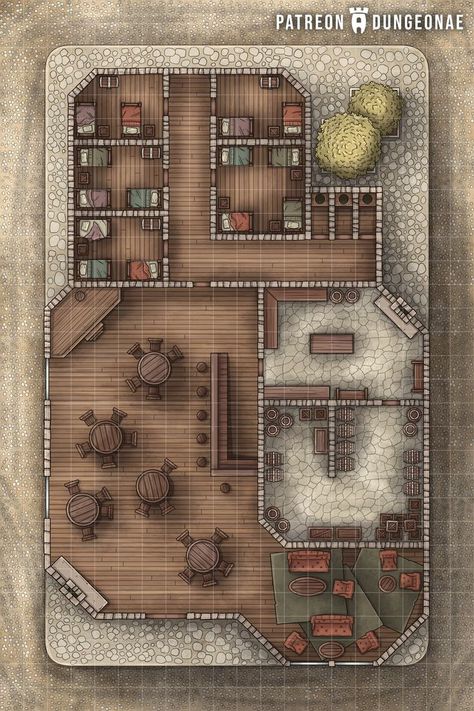 Dnd Maps House, Inn Dnd Map, Bar Battlemap, D&d Tavern Map, Dnd Tavern Map, Tavern Battlemap, Medieval Notebook, Taverna Medieval, Dwarven City