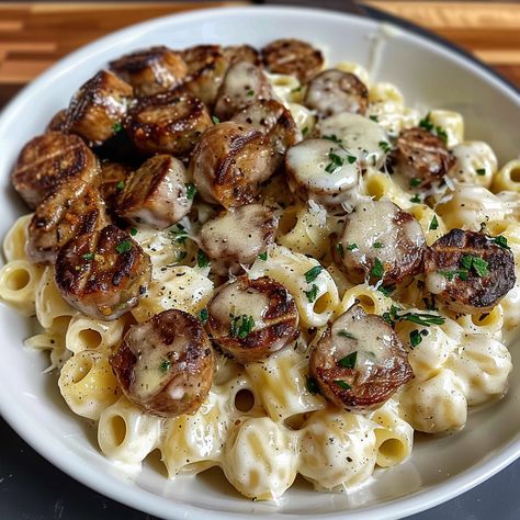 GARLIC BUTTER SAUSAGE BITES WITH CREAMY PARMESAN PASTA - Clara quick dinners Garlic Butter Sausage Bites With Pasta, Garlic Butter Sausage Bites With Creamy Pasta, Garlic Butter Sausage Bites With Creamy Parmesan Pasta, Garlic Butter Sausage Bites, Garlic Butter Sausage, Creamy Parmesan Pasta, Sausage Bites, Garlic Butter Pasta, Sausage Recipes For Dinner