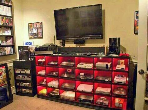 Video Game Console Organizer Bookshelf Bedroom Entertainment Center, Deco Gamer, Basement Games, Geek House, Best Gaming Setup, Game Room Basement, Gamer Setup, Nintendo Sega, Video Game Rooms