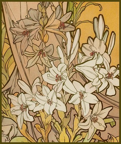 Mucha, Alphonse 'Les Fleurs-The Lily' 1898 | Plum leaves | Flickr Plum Leaves, Arte Aries, Fleurs Art Nouveau, Art Nouveau Mucha, Nouveau Flowers, Art Nouveau Tattoo, Motifs Art Nouveau, Nouveau Tattoo, Illustration Art Nouveau