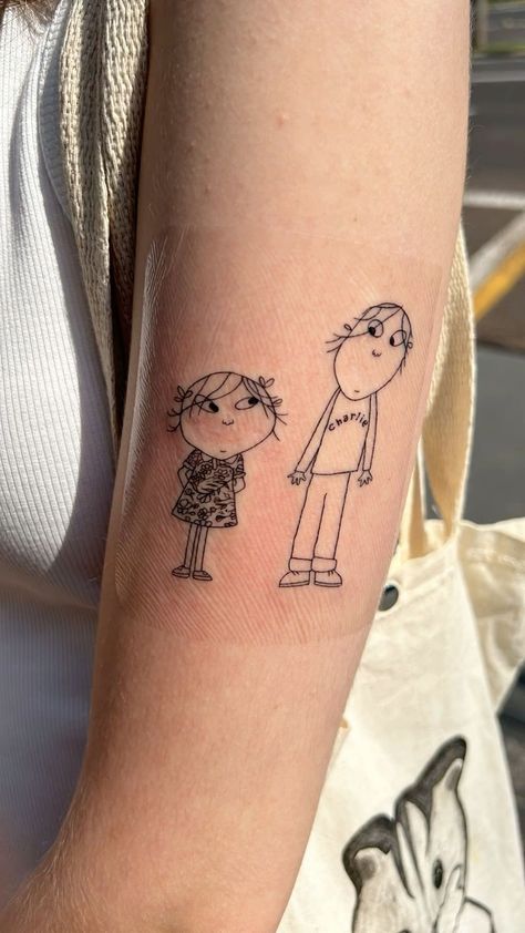 Childhood Memory Tattoo, Groovy Chick Tattoo, Charlie And Lola Tattoo, Max And Ruby Tattoo, Childhood Tattoo Ideas, Childhood Tattoos, Lola Tattoo, Charlie And Lola, Funky Tattoos