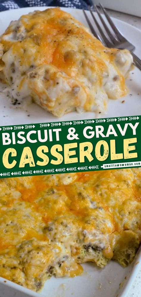 Biscuits and Gravy Casserole, breakfast ideas, brunch party Biscuit Gravy Casserole, Biscuit Gravy, Sausage Egg Bake, Best Casserole Recipes, Best Biscuits And Gravy, Best Casserole, Gravy Casserole, White Sausage, Breakfast Casserole With Biscuits