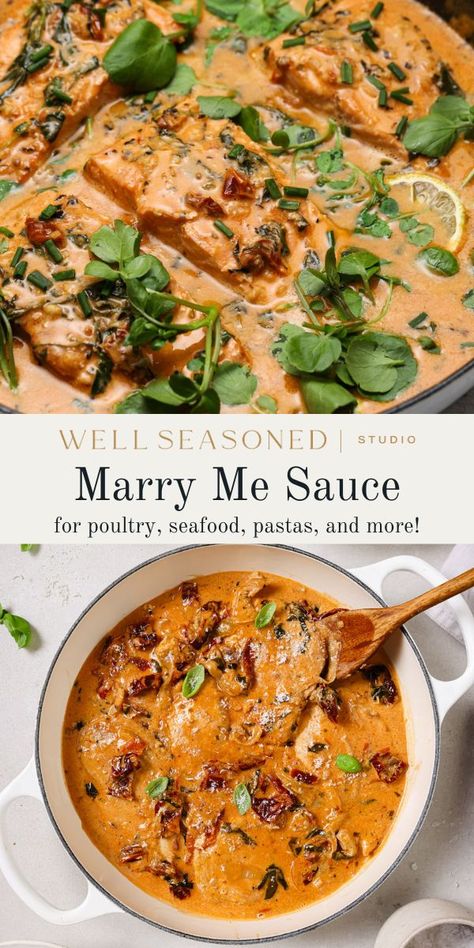 I love to serve this Marry Me Sauce recipe with everything from poultry and seafood to pasta and soup. It's got a sweet flavor from sun-dried tomatoes, lots of fresh basil, and a creamy texture -- you can use either coconut milk or heavy cream! Pair with any protein or pasta you like! Gluten-free.#wellseasonedstudio #marryme #sauce #creamsauce #viral Cilantro Lime Sauce, Seafood Sauce, Cream Pasta, Coconut Sauce, Pork Cutlets, Roasted Mushrooms, Vegetarian Pasta, Steak Sauce, Vegetarian Soup