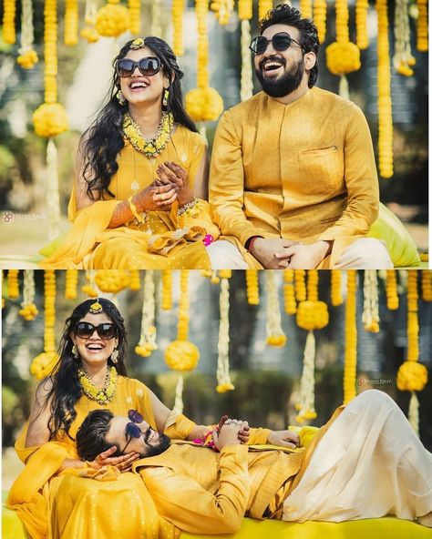 Cute Haldi Photoshoot poses for Bride & Groom | couple haldi photoshoot | haldi ceremony photography Haldi Function Ideas For Groom, Haldi Photo Poses, Haldi Ceremony Poses, Haldi Photography Ideas For Bride, Haldi Ceremony Photography, Haldi Photoshoot Poses, Haldi Couple, Haldi Pose, Haldi Shoot