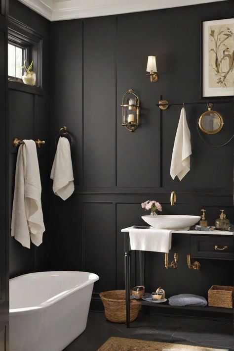 black bathroom vanity half bath minimalist black half bathroom ideas black half bathroom diy projects small black and white half bathroom half bathroom black countertop black and white half bathroom ideas decor matte black bathroom fixtures half bath black and grey half bathroom ideas black sink half bathroom half bathroom ideas with black vanity bathroom half black wall black half bathroom renovation ideas black and gold half bathroom ideas half black bathroom ideas Black Moldings And Trim Bathroom, Tricorn Black Wainscoting, Black Paint Powder Room, Small Bathroom Painted Black, Tricorn Black Bathroom, Grey Half Bathroom Ideas, Color For Bathroom Walls, White Half Bathroom Ideas, Half Bathroom Ideas Decor