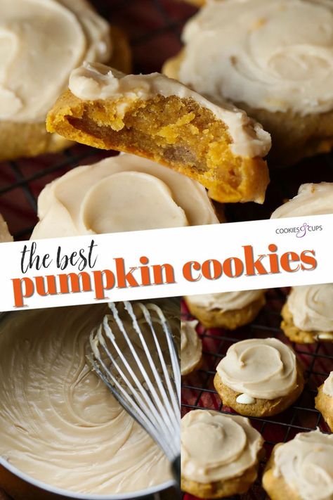 My Pumpkin Cookies literally melt in your mouth. Soft and sweet cookies dotted with white chocolate and topped with brown sugar icing, these cookies are like little bites of pumpkin pie. #cookiesandcups #pumpkincookies #pumpkin #fallbaking #pumpkinpiespice Best Pumpkin Cookies, Brown Sugar Icing, Soft Pumpkin Cookies, Pumpkin Sugar Cookies, Dump Cake Pumpkin, Pumpkin Cookie Recipe, Brown Sugar Cookies, Pumpkin Spice Cookies, Sugar Icing