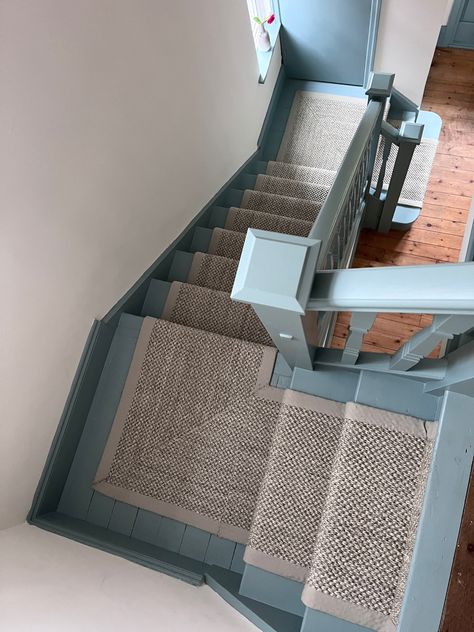 Farrow and ball oval room blue, sisal stair runner Blue Stair Railing, Stair Runner Blue, Blue Grey Hallway Ideas, Denimes Farrow And Ball Living Room, Blue Bannister, Blue Stair Runner, Blue Stairs, Blue Staircase, Sisal Stair Runner