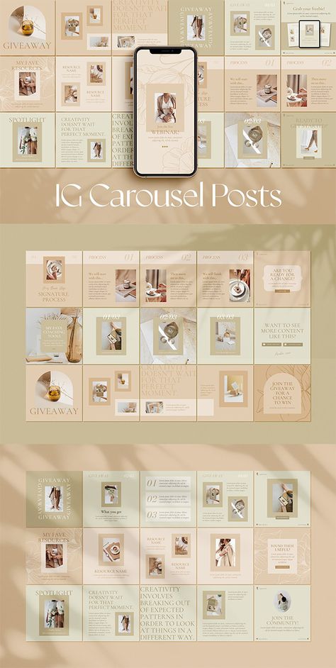 Ad: Step by step Instagram carousel post templates for Canva app featuring 12 individual 5 step seamless carousel templates (60 in total) in feminine peach, yellow and pastel green palette. These minimalist, modern Instagram carousel designs are great for coaches, content creators and service-based business owners and will help you grow your instagram following, build community trust, share helpful tips and attract new clients. $35 Pastel Green Palette, Instagram Carousel Post, Carousel Post, Instagram Carousel, Build Community, Green Palette, Canva App, Grow Your Instagram, Service Based Business