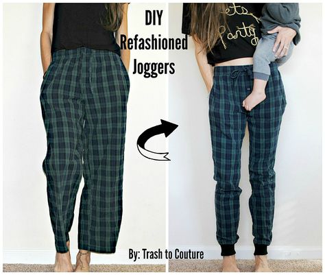 Most people like a comfy pair of pajama bottoms or sweats they can lounge around with but even better if they're cute. I loved th... Diy Fashion Tops, Diy Clothes Tutorial, Diy Clothes For Women, Trash To Couture, Ropa Upcycling, Corak Menjahit, Easy Diy Clothes, Diy Pants, Diy Clothes Refashion