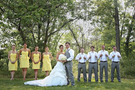 Jubilant Bridal Party Style Yellow Bridal Party, Yellow Groomsmen, Yellow Wedding Party, Causal Wedding Dress, Grey And Yellow Wedding, Wedding Party Attire, Yellow Bridesmaid Dresses, Suits Men, Party Attire