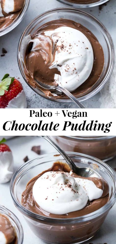 This super easy, 4 ingredient paleo and vegan chocolate pudding is so rich, creamy, and chocolatey that you won't believe it's dairy free, healthy, and refined sugar free!  Top with coconut whipped cream for a perfectly dreamy chocolate dessert. #vegan #paleo #chocolate Buttermilk Baking, Vegan Chocolate Pudding, Paleo Recipes Dessert, Paleo Baking, Paleo Sweets, Desserts Vegan, Low Carb Dessert, Paleo Chocolate, Paleo Treats