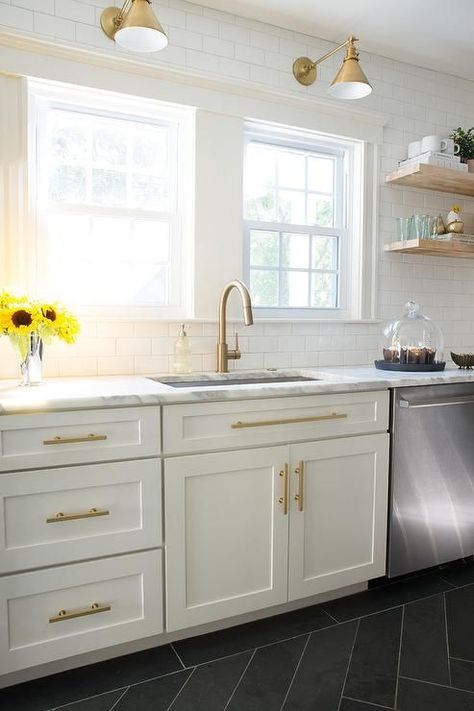 Coastal Paint, White Subway Tile Backsplash, White Shaker Cabinets, Bronze Cabinet, Classic Kitchen, Gold Kitchen, Kitchen Hardware, Champagne Bronze, Studio Mcgee