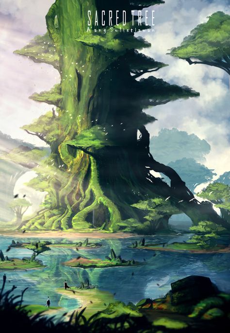 ArtStation - Sacred Tree, A'ang Sulistiawan Tree Concept Art, Sacred Tree, 강아지 그림, Landscape Concept, Fantasy Forest, Fantasy City, Fantasy Castle, Fantasy Setting, Fantasy Places