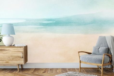 Island Beach Wall Mural Hand-painted Wallpaper Watercolor | Etsy Surfing Wallpaper, Vintage Mural, Beach Wall Murals, Watercolor Mural, Beach Mural, Mountain Mural, Nautical Wallpaper, Wallpaper Watercolor, Unique People