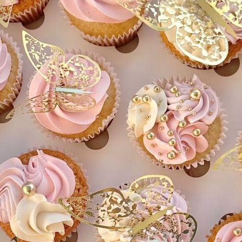 Treat Boutique on Instagram: "🦋🦋🦋 . . . . #treatboutique #cupcake #cupcakedecorating #cupcakedesign #cupcakeinspo #cupcakelove #1stbirthdaycupcakes #goldbutterflies #birthday #pinkcupcakes #food dessert #foodphotography #spring #springdesserts #buttercreamdecorating #cupcakereel #buttercreamrecipe #fyp #googongbusiness #baker #love #pretty #prettycupcakes" Once Upon A Time Cupcakes, Pink White And Gold Butterfly Party, Pink And Gold Cupcakes Birthday, Butterfly Theme Cupcakes, Butterfly Baby Shower Cupcakes, Quince Cupcakes, Quinceanera Cupcakes, Butterfly Cupcakes Ideas, Quince Treats