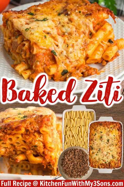 This Easy Baked Ziti recipe features layers of ziti noodles, sausage meat sauce, and mozzarella cheese baked to perfection. Ready in under an hour, it's an easy weeknight dinner the whole family will enjoy. Bake Ziti Recipe, Ziti Pasta Recipes, Noodles Sausage, Sausage Meat Sauce, Bake Ziti, Ziti Noodles, Easy Dinners For Two, Easy Baked Ziti, Sausage Meat