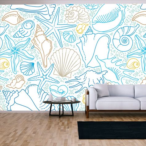 This is a beautifully colored piece! Full of many underwater or beach items that are sure to give your living room a beachy feeling! This can be customized to fit your needs. Please message for custom sizes if you do not see the size you need. Full Wall Painting Ideas, Pool Mural Ideas, Murals For Bedroom Wall, Seashell Mural, Beach Mural Painted, Cool Wall Murals, Marine Life Wallpaper, Ocean Wall Mural, Underwater Mural