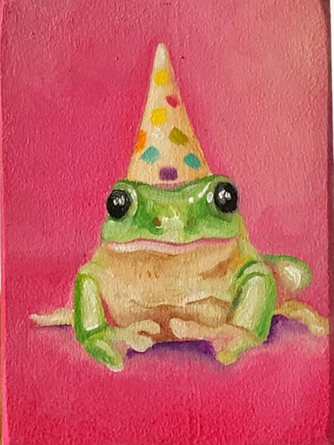 Funny Animal Watercolor Paintings, Jelly Fish Oil Pastel Art, Painting Refrigerator, Illustrator Ideas, Birthday Cap, Miniatures Painting, Frog Drawing, Funny Paintings, Funny Frogs