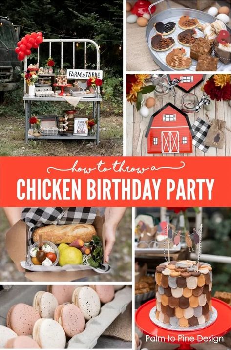 Chicken Birthday Farm Party Chicken Bridal Shower Theme, Chicken Themed Birthday Party Food Ideas, Chicken Party Decorations, Chicken First Birthday, Chicken First Birthday Party, Chicken Birthday Party Ideas, Chicken Party Theme, Chicken Themed Party, Chicken Themed Birthday Party