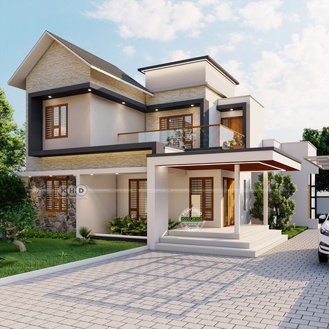 Exterior view of the 4-bedroom mixed roof house in Elayavoor, Kannur 4 Bedroom Double Storey House Plans, Traditional House Exterior, Double Storey House Plans, Double Storey House, Kerala House, 2 Storey House Design, Roof House, Dream Life House, Kerala House Design