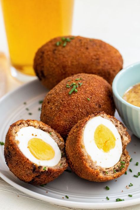 Scotch Eggs Recipe, Honey Mustard Dipping Sauce, Mustard Dipping Sauce, Scotch Eggs, Honey Mustard Sauce, Fried Eggs, Egg Dish, Simply Recipes, Sausage Breakfast