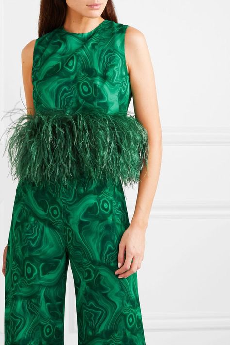 16ARLINGTON Dickinson Cropped Feather-Trimmed Printed Crepe Top Feather Gown, Top Net, Items To Buy, Prada Sandals, Crepe Top, Feather Trim, Pop Artist, Winter Sale, Fashion Details