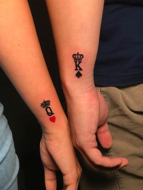 King N Queen Tattoo Couple, King And Queen Tattoo On Hand, King And Queen Wrist Tattoo, Couple Tattoo King And Queen, His And Hers King And Queen Tattoos, Matching Tattoos Couples King And Queen, Couples King And Queen Tattoo, Queen And King Of Hearts Tattoo, Kind And Queen Tattoos