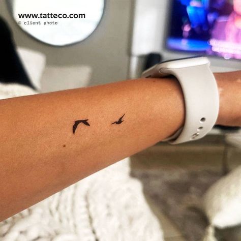 Fine Line Bird Tattoo, Two Birds Tattoo, Tiny Bird Tattoos, Bird Couple, Tattoos 2024, Freedom Tattoos, Flying Bird Tattoo, Flying Tattoo, Text Tattoo