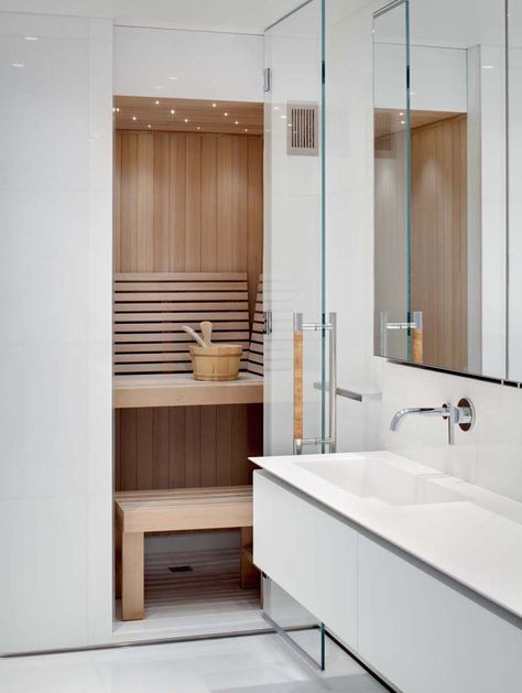 ORA studio conceives UN plaza duplex apartment in new york Sauna In Apartment, Mini Sauna Bathroom, Small Sauna In Bathroom, Sauna Bathroom Design, Small Bathroom Plans, Sauna House, Apartment In New York, Sauna Design, Sauna Room