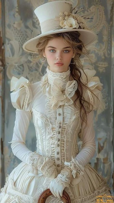 White Steampunk Dress, Victorian Era Womens Fashion, Woman With Hat Photography, Victorian Steampunk Art, Victoria Era Dress, Modern Baroque Fashion, 1920a Fashion, Victorian Hats Woman, Victorian Age Aesthetic