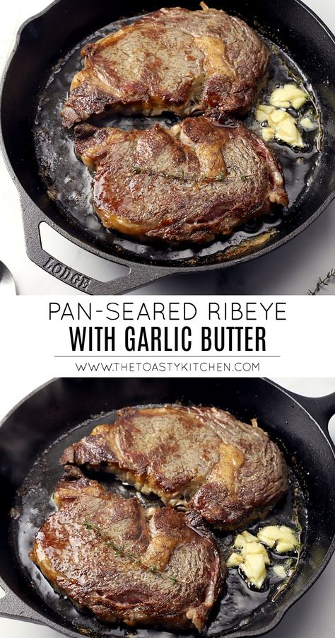 Pan-Seared Ribeye with Garlic Butter by The Toasty Kitchen #ribeye #panseared #steak #garlicbutter #dinner #romantic #dinnerfortwo #homemade #stovetop #castiron #valentinesday #anniversarydinner #recipe #beef Rib Eye Steak Recipes Pan, Stovetop Steak Recipes, Rosemary Dinner Rolls, Seared Ribeye Steak, Steak Recipes Pan, Romantic Night At Home, Rosemary Dinner, Steak With Garlic Butter, Stove Top Steak